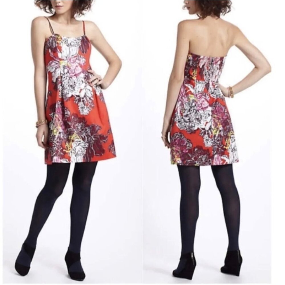 $198 Anthropologie Leifsdottir 4 ITOH Peony Strapless Mini Dress Red Gray Floral